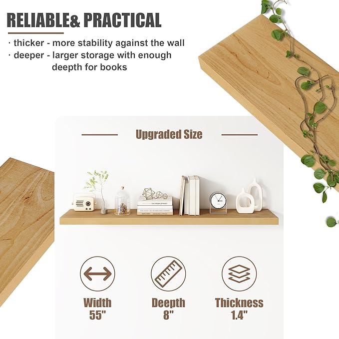 Floating Shelves for Wall, USA-Sourced Brich Wood 55 Inch Long Wall Shelves, Natural Wooden Mounted Picture Ledge Shelf, Nursery Book Storage Shelf Kids Bookshelf, Display Shelf for Bathroom
