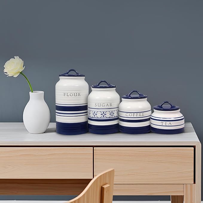 Young's 4 Piece Ceramic Canisters Sets for Kitchen, Country Style Ceramic Containers for Flour, Sugar, Tea and Coffee, Storage Containers with Lids 10.75
