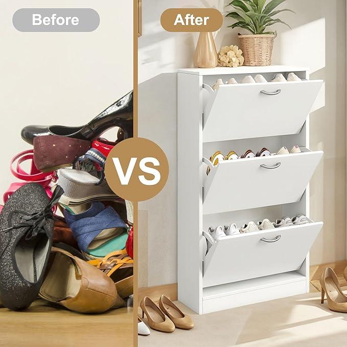 Shoe Storage Cabinet with 3 Flip Drawers, Narrow Shoe Cabinet Freestanding Slim Shoe Storage Organizer for Entryway, Hallway, Entrance, Bedroom, Living Room, White
