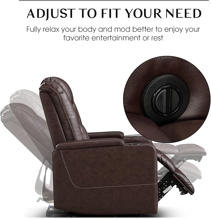 CANMOV Electric Power Recliner Chair with USB Ports and Cup Holders, Breathable Leather Home Theater Seating with Hidden Arm Storage (Red Brown)