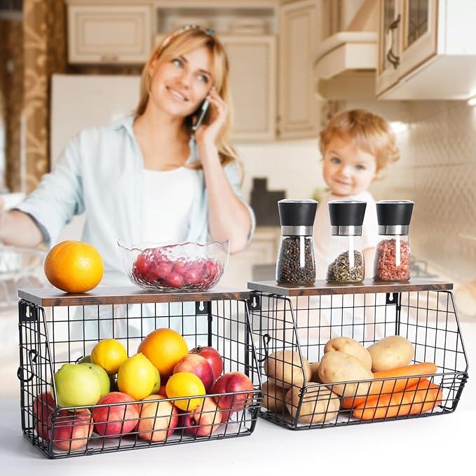 Fruit Bowl, Stackable Wall Mounted Fruit Basket of Smooth Wood Lid with 4 Banana Hanger Hooks, Metal Kitchen Counter Organizer for Snack, Fruit and Vegetable Storage, 11.8 * 7.9 * 8.5 Inches