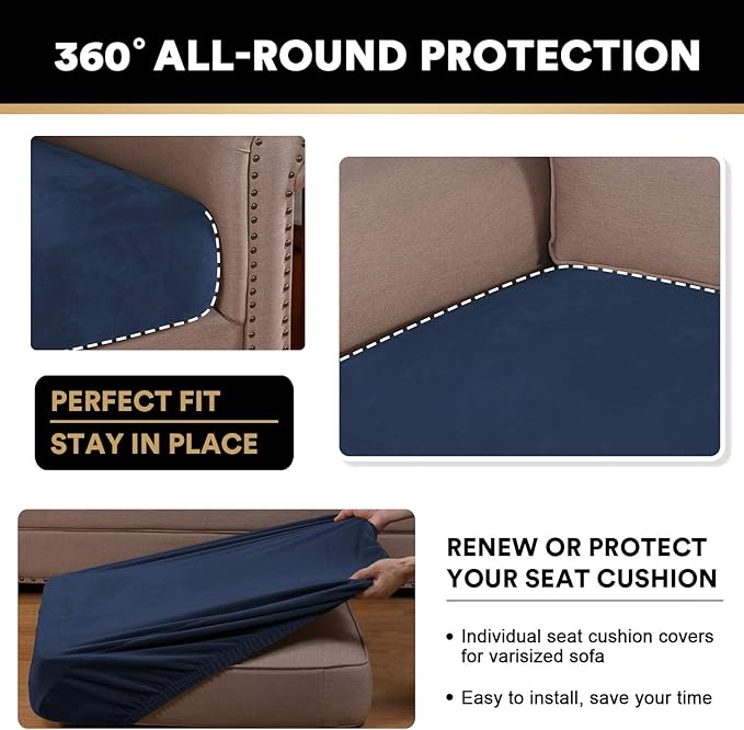 PrinceDeco Couch Cushion Covers, Stretch Washable Sofa Cushion Cover, Fitted Sofa Slipcover Velvet Fabric Non-Slip Furniture Protector for Dog,Pets, Kid (Each Width Up to 29.5