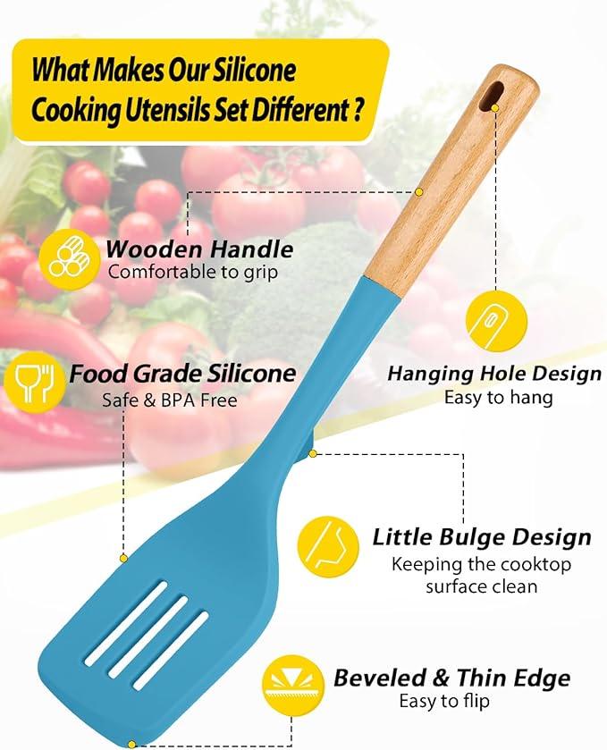 Silicone Kitchen Utensil Set for Non Stick Cookware, 7 Pcs Heat Resistant Cooking Utensils with Wooden Handle, BPA Free Kitchen Tools with Spatulas, Spoons, Skimmer and Pasta Fork (BLUE)