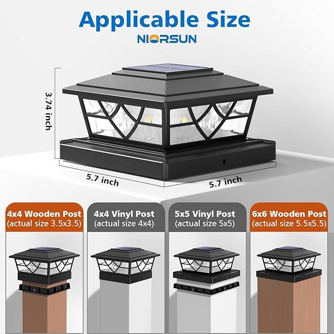NIORSUN Solar Post Lights Outdoor 4 Pack, 2 Modes LED, Deck Fence Post Solar Lights for 3.5x3.5 4x4 5x5 5.5x5.5 Caps Patio Garden Decoration, Black