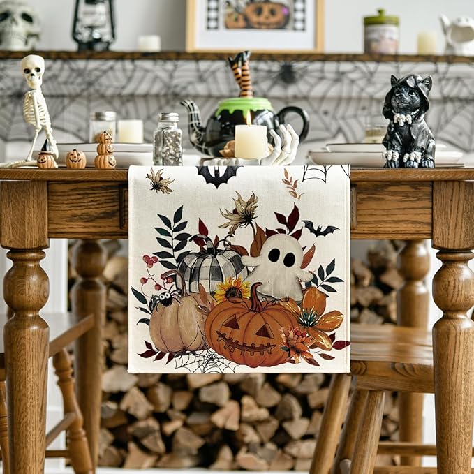 Artoid Mode Pumpkin Ghost Leaves Spider Web 210 GSM Halloween Table Runner, Spooky Kitchen Dining Table Decoration for Home Party Decor 13x90 Inch