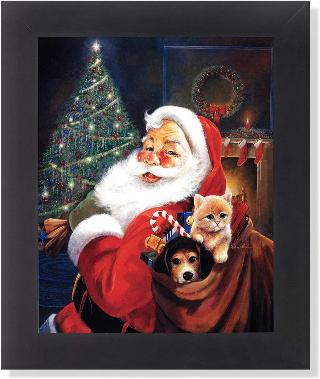 Framed Santa Claus Art - 8x10 Christmas Wall Art with Dog and Cat in Black Wood Frame