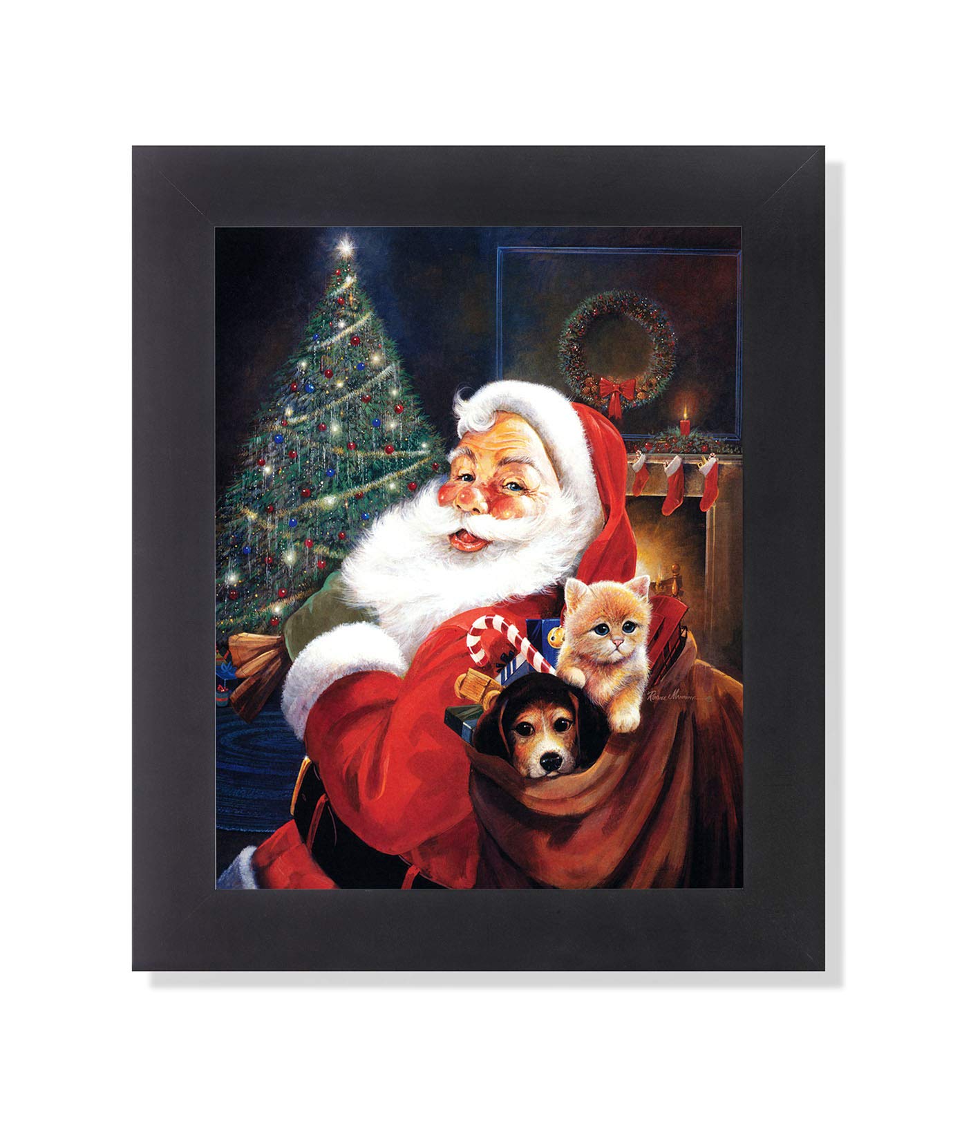 Christmas Framed Wall Art - Santa Claus Cat and Dog Holiday Wall Decor Print