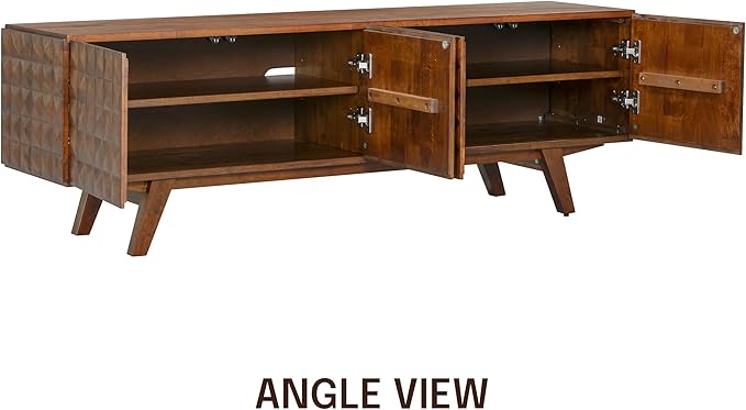 NTC Sapa Mid-Century Modern Solid Wood TV Stand 4-Door Media Console with Carved Geometric Fronts for TVs up to 75