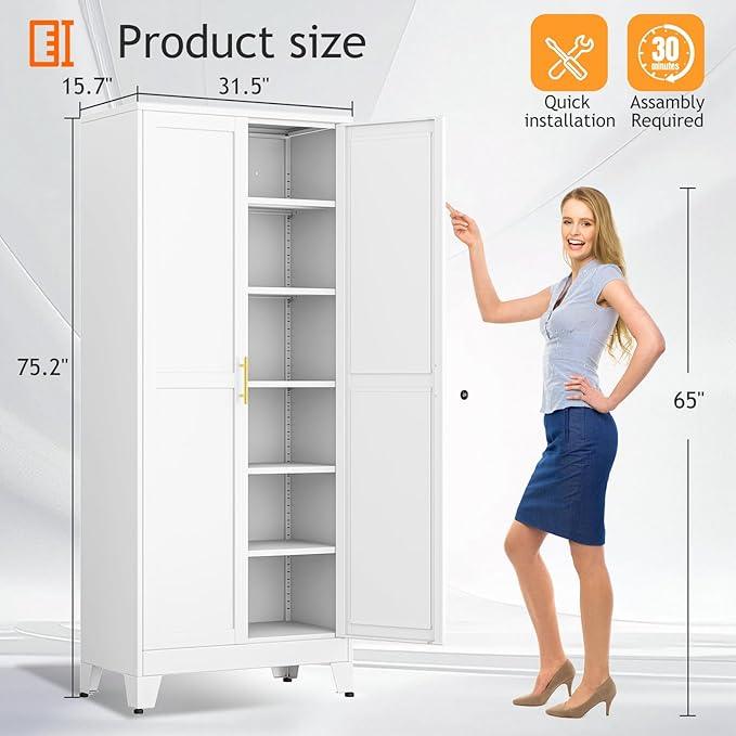 Kitchen Pantry Storage Cabinet with Doors and Adjustable Shelves, Metal ClosetMaid Food Pantry Cabinets, 75