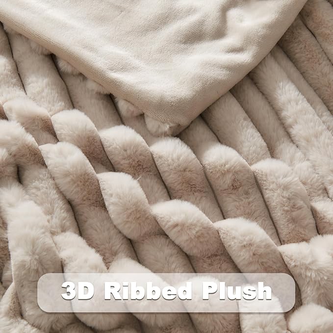 NEWCOSPLAY Faux Fur Throw Blanket Linen 3D Ribbed Plush Thick Warm Blanket for Couch Sofa Bed 850GSM (Linen Ribbed, Throw(50