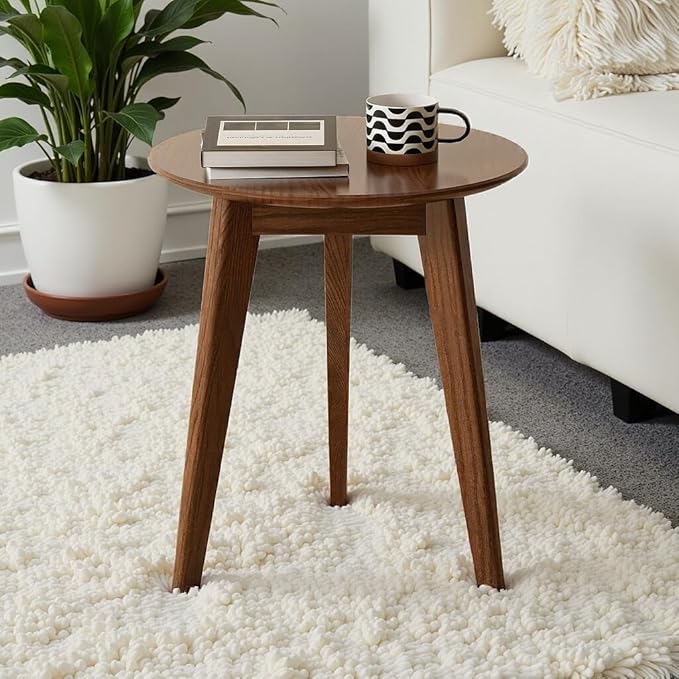 100% Solid Oak Round Side Table Set of 2, Small Bedside Table for Small Spaces, Living Room End Table with Stable Frame, Modern Nightstand for Bedroom Couch(Walnut, 17.71