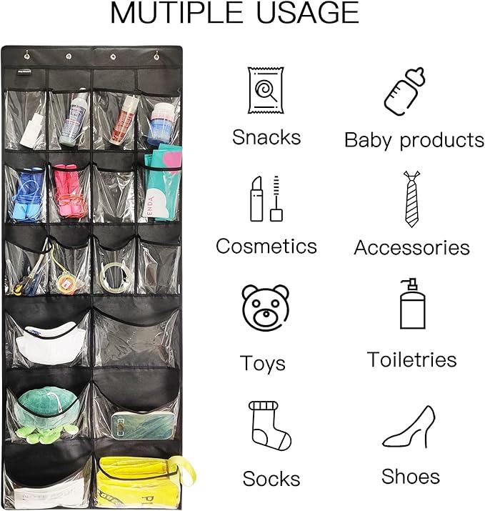 2 Pack Extra Large Hanging Over Door Shoe Organizers,closet shoe organizer shoe rack organizer shoe storage,12+6 Crytal Pockets,8Hooks,black (59
