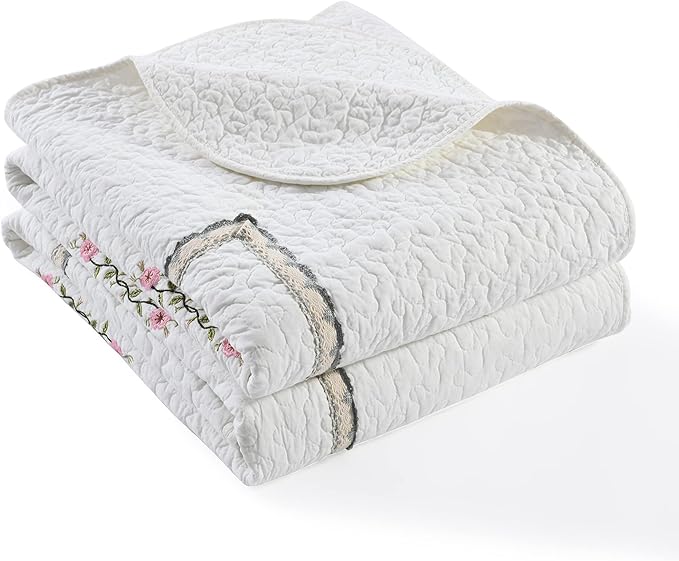 MarCielo 3-Piece 100% Cotton Oversized Bedspread Lightweight Quilt Coverlet Embroidery Farmhouse Bedding Set (Sakura White, Oversized Queen (100