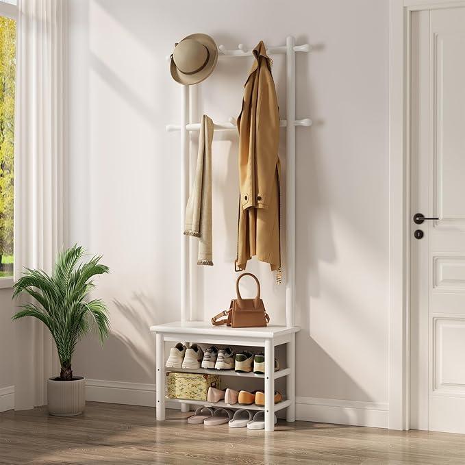 Coat Rack with Shoe Storage, Narrow Wooden Hall Tree with Bench, 11 Hooks and 2-Tier Storage Shelves, 3-in-1, Entryway Bench with Coat Rack (23.6