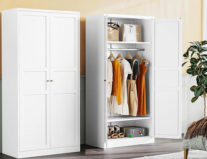 Metal Wardrobe Cabinet with Hanging Rod,White Armoire Wardrobe Closet,Metal Clothing Storage Cabinet with Adjustable Shelves and Doors,72