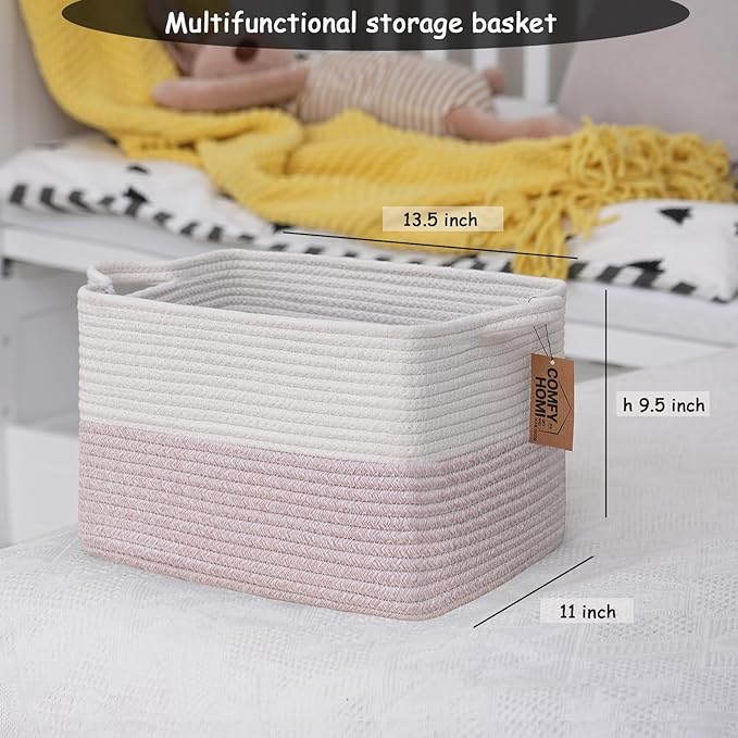 COMFY-HOMI 3PACK Cotton Rope Square baske with Handles for Shelves|Dog Toy baske Bin and Storage|Baby baske for Gift|Shoe baske for Organizing|13.5