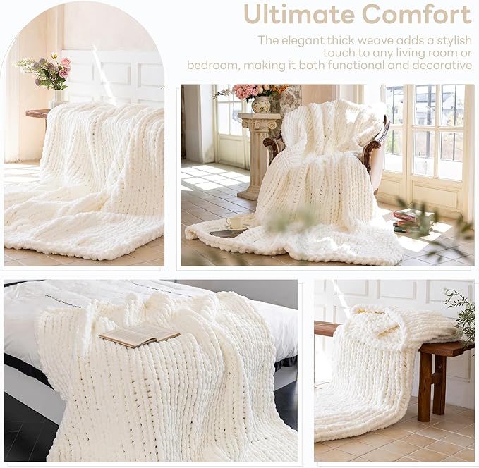 Chunky Knit Blanket - Luxury Soft Cozy 40 * 50 Throw Blanket,100% Woven Blanket Rope Knot Throw Blanket for Couch, Sofa, Home Decor, Gift - Machine Washable（Milk White）