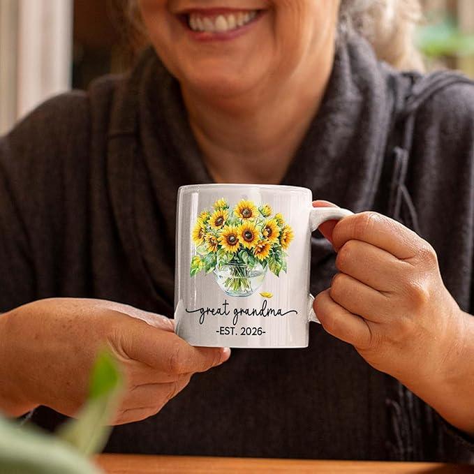 Customized Nickname & Year White Ceramic Mug Gift For First Time Great Grandma, Promoted To Great Grandma Accent Coffee Cup 11Oz 15Oz, Personalized Baby Announcement Coffee Mug For Nanny Granny Mimi