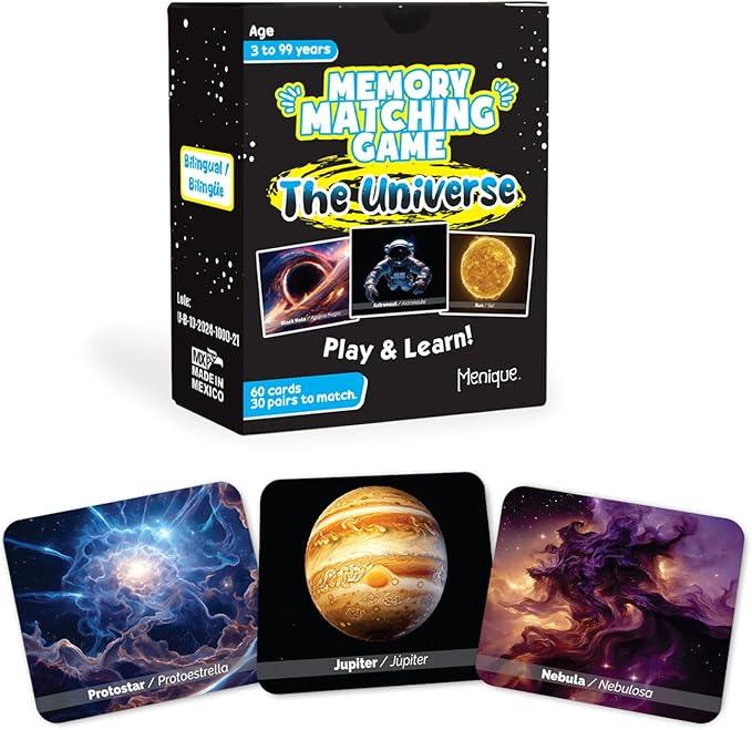 Menique Universe Memory Matching Game – 60 Cards (30 Pairs) – Bilingual Space Game with Planets, Stars & More – Educational for Kids and Adults