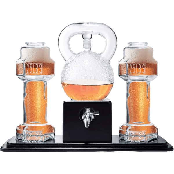 Kettlebell & Dumbbell Beer, Whiskey & Wine Dispenser Set, 40 OZ Decanter & 26 OZ Glasses - Great Weightlifting Gift, Coach, Deadlifting Powerlifting - Pourer with Spigot Mahogany Wooden Base Gym Gifts for Dad