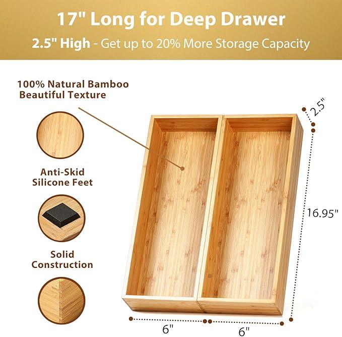Umilife Bamboo Kitchen Utensils Organizer, Extra Long High Silverware Drawer Holder, Flatware Cutlery Storage Box, Multi-Use Drawer Divider in Office, Bathroom, Pantry - 17