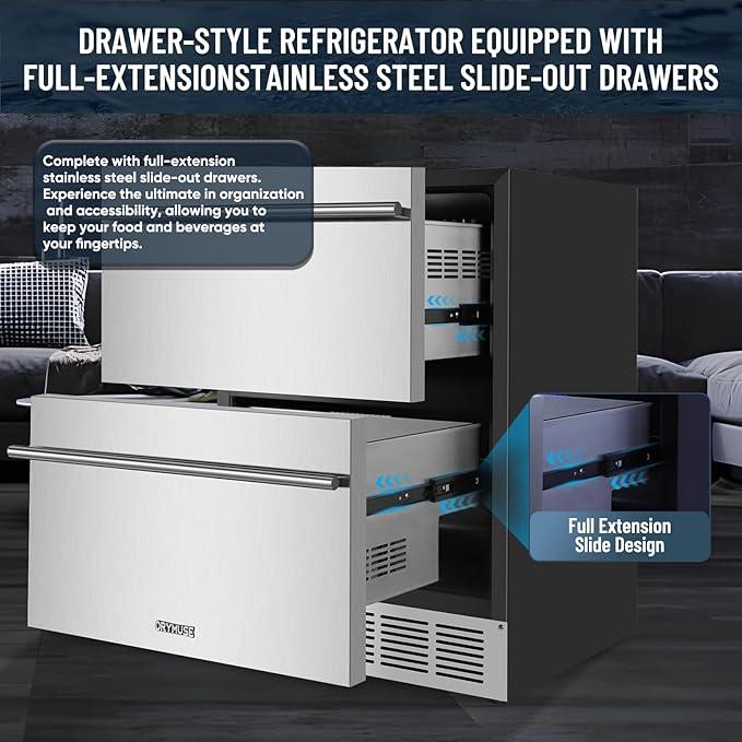 Outdoor Drawer Refrigerator, 24 Inch Undercounter Beverage Cooler Fridge with Stainless Steel Seamless Door Can Hold 154 Cans w/Powerful Cooling Compressor for Kitchen and Commercial