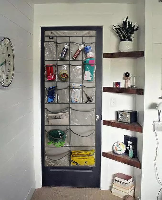 Extra Large Hanging Crystal Clear Over Door Shoe Organizer, Closet Shoe Rack with 12+6 Pockets, 8 Hooks, Grey (59