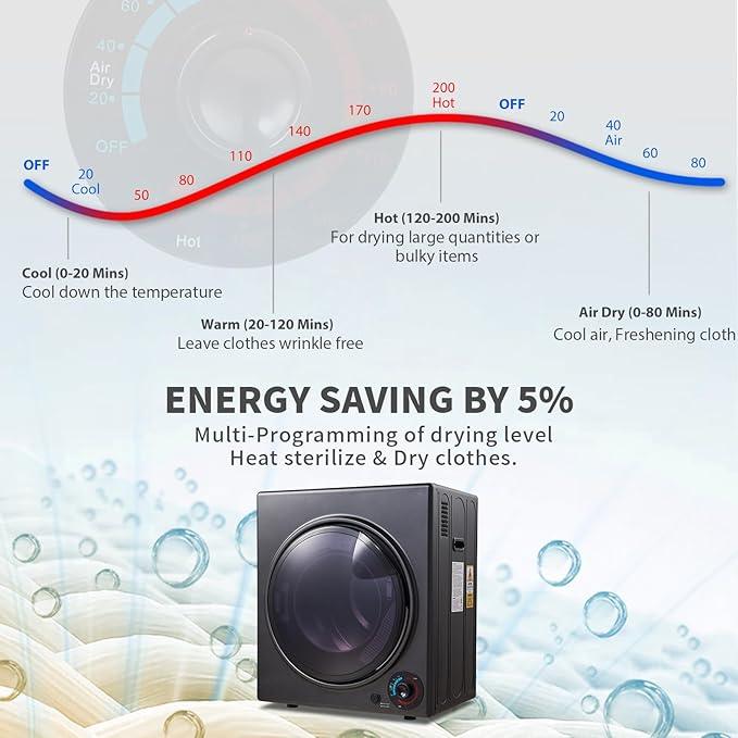 CTT 3.5 cu.ft Portable Dryer for Apartments,1500W Compact Dryer with 4 Drying Modes,120V Electric Dryers for Laundry, Apartments, RVs, Dorms, Black