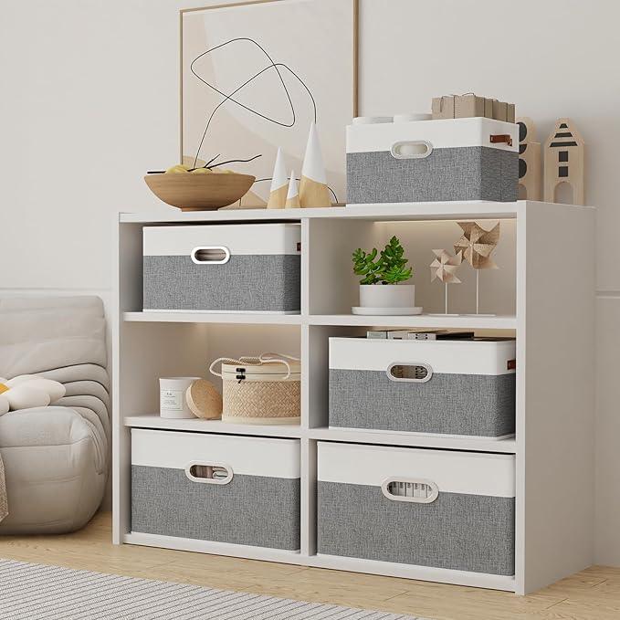 Yawinhe Fabric Storage Baskets, Foldable Closet Organizer for Shelves, Large Boxes with 3 Handles, Canvas Bins for Clothes, White/Grey, 12.99''Lx9.05''Wx7.87''H, 2-Pack
