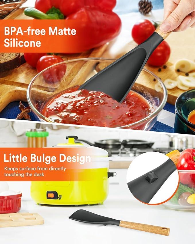 Multifunction Spatula Spoon for Nonstick Cookwares, Great for Cooking and Serving, Sturdy BPA-Free Matte Silicone, Wood Handle Spatula for Mixing, Scoop, and Scrape, Grey(2 pack,11.4