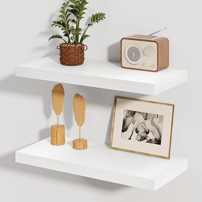 Fun Memories White Floating Shelves, 8 Inch Deep Wall Shelves Set of 2, Rustic Deep Shelves for Wall Storage, 24 x 8 Floating Shelves, 8