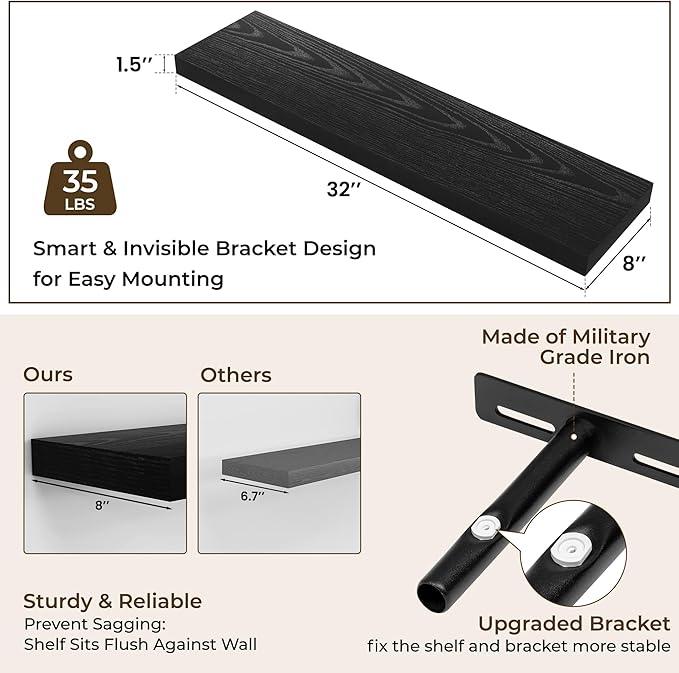 RICHFOCUS 31.5Inch Floating Shelves for Wall 2 Pack Shelves for Bedroom|Kitchen|Bathroom Wall Mounted Rustic Wood Floating Shelf with Invisible Brackets for Books|Storage|Decor, Black