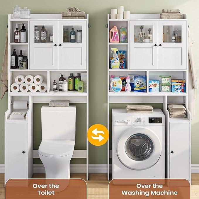Itaar Over The Toilet Storage Cabinet, Over Toilet Bathroom Organizer with Glass Doors & Toilet Paper Holder Stand, Home Space-Saving Toilet Rack, for Bathroom, Restroom, Laundry(White)