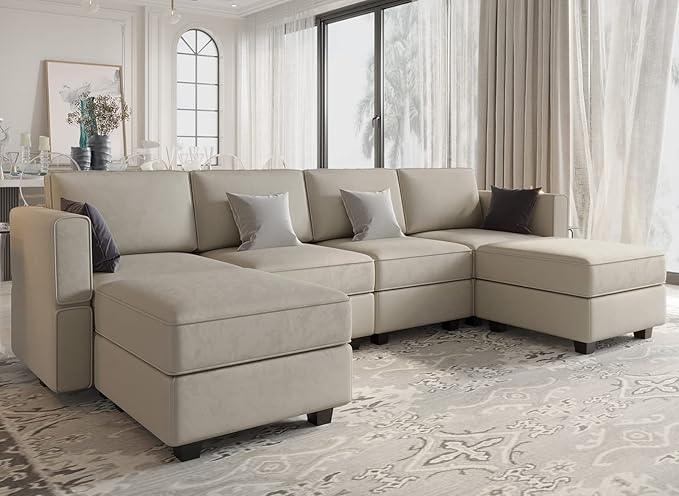 Belffin Modular Sectional Sofa with Reversible Chaises Velvet U Shaped Sectional Couch with Storage Seat Grey