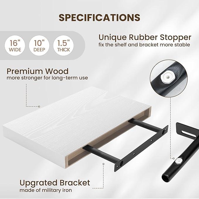 Fun Memories Wood Floating Shelves 16 Inch, 10 Inch Deep Shelves Wall Mount, Wall Shelves with Invisible Bracket, 16