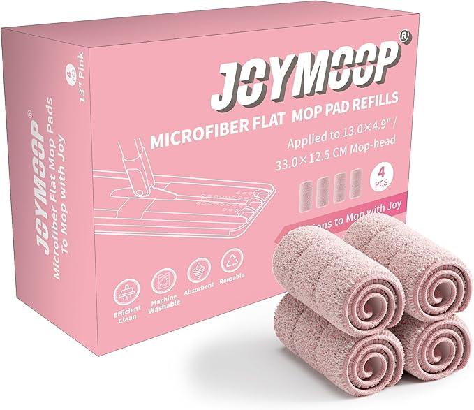 JOYMOOP Flat Mop Pads, Microfiber Mop Cleaning Pads, Washable Pads, Pads Replacement for Flat Mop or Mop Bucket Set, Pack of 4 Refills 13inch - Pink