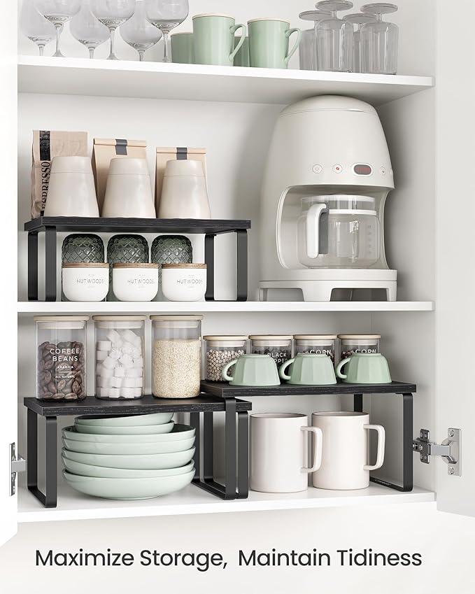 SONGMICS Cabinet Organizer Shelf, Set of 3 Kitchen Counter Shelves, Kitchen Storage, Spice Rack, Stackable, Expandable, Anthracite Gray and Matte Black UKCS220B01