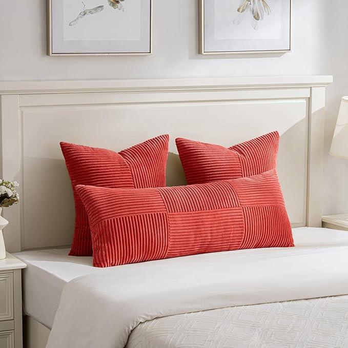 Fancy Homi 2 Packs Red Decorative Throw Pillow Covers 18x18 Inch for Living Room Couch Bed Sofa, Rustic Boho Farmhouse Home Decor, Soft Corss Corduroy Patchwork Textured Square Cushion Case 45x45 cm
