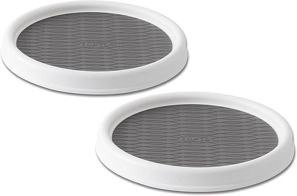 Copco 9 Inch Non Skid Pantry Cabinet Lazy Susan Turntable, Set of 2, Spinning Organizer for Kitchen, Countertop, or Bathroom, White and Gray