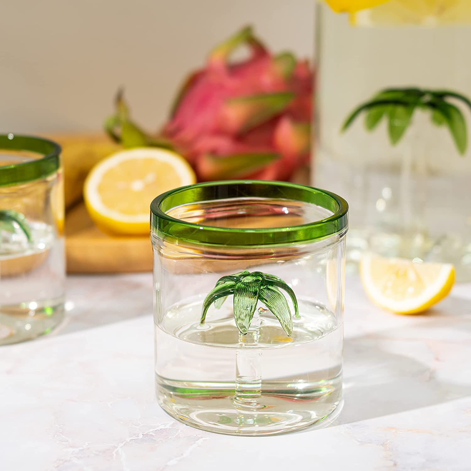 Palm Tree Pitcher & 4 Glasses Set Decanter with 4 Glasses 9oz by The Wine Savant - Elegant Glass Set, Great for Water Iced Tea, Sangria, Lemonade, and More! 1300ml 9