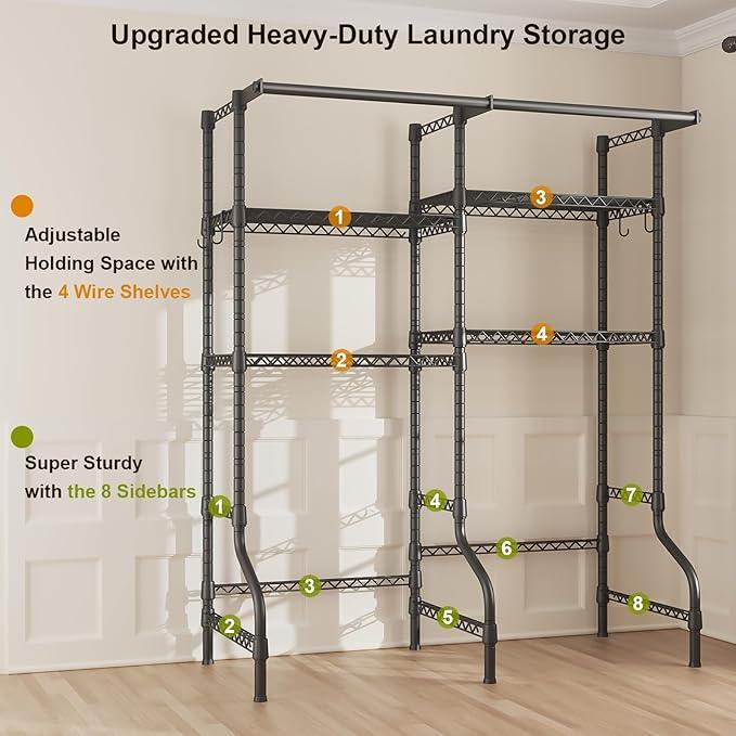 U14 Over Washer and Dryer Storage Shelves, 4 Tiers Laundry Room Storage and Organizer System, Space Saving Clothes Drying Rack with 2 Clothes Hanger Rods, 66.5