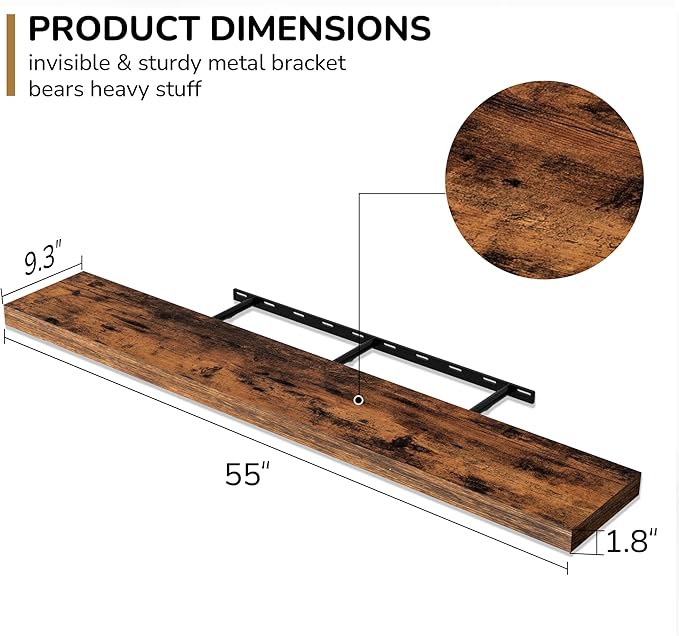 Fun Memories 55 Inch Floating Shelves - 9 Inch Deep Rustic Wooden Wall Shelves - Extra Deeper & Thicker Wall Mounted Storage Shelf for Living Room, Kitchen, Farmhouse - 55