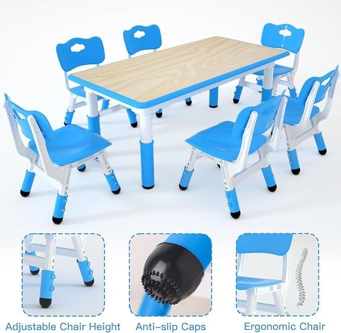 Kids Study Table and 6 Chairs Set,Height Adjustable Table and Chairs for Children and Toddlers,47.2