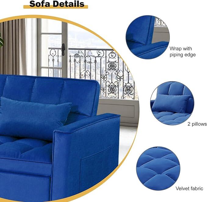 3 in 1 Sleeper Sofa Bed, Futon Sofa Bed for Living Room with Side Pocket, Blue Sleepers Sofas Couch with Pullout Beds, Convertible Love Seat Sleepers couch for Living Room, Bedroom, Small Space