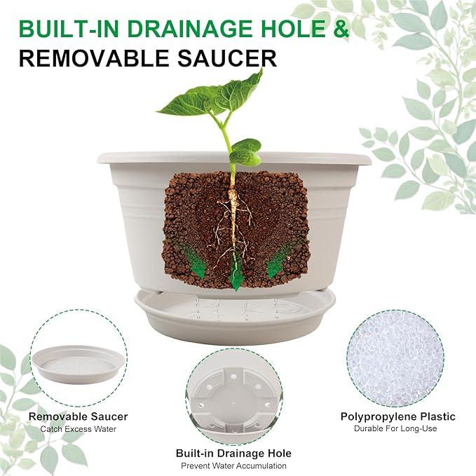 6 Pack 10 inch Plant Pot, Outdoor Pots for Plants with Drainage Hole & Tray Saucer, Round Plastic Plant Pot, Decoration Flower Pots for Indoor Plants Home Garden Outdoor Planters (White)