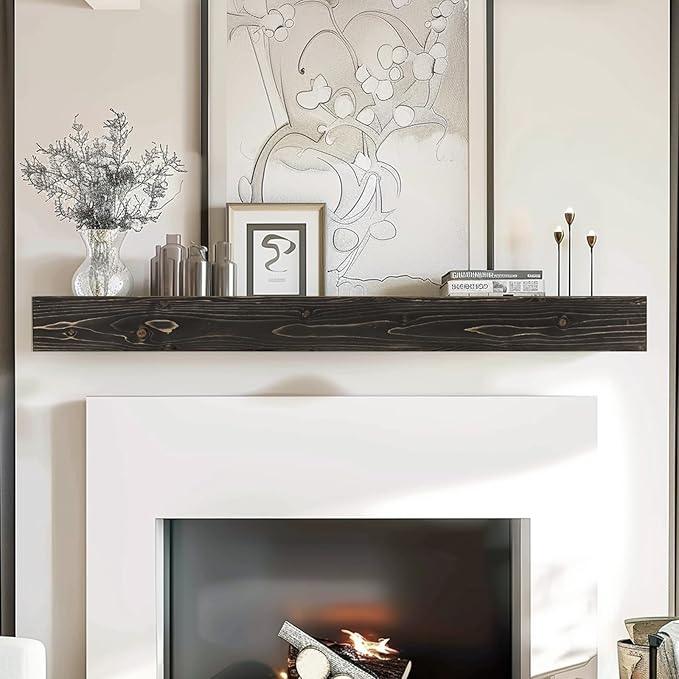 60x8x3 Fireplace Mantel - Handcrafted Hollow Rustic Solid Wood Wall Mounted Floating Shelf with Invisible Heavy Duty Wood Bracket (Weathered Black)