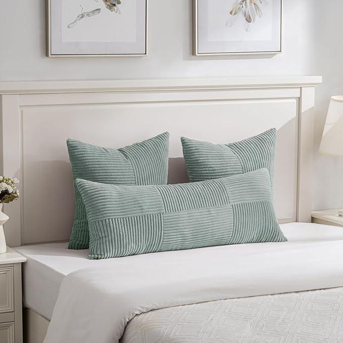 Fancy Homi 2 Packs Grey Blue Decorative Throw Pillow Covers 22x22 Inch for Couch Bed Sofa, Rustic Farmhouse Boho Home Decor, Soft Corss Corduroy Patchwork Accent Square Cushion Case 55x55 cm