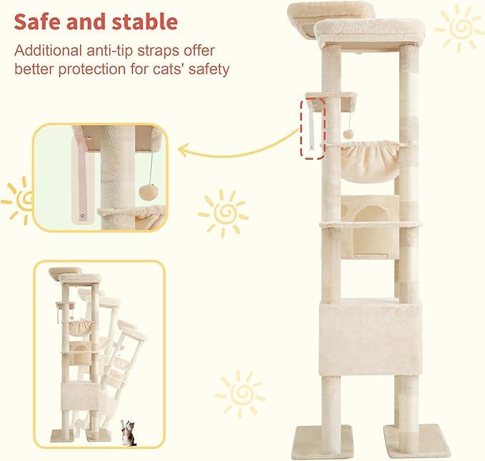 Hey-brother Tall Cat Tree Tower, Heavy Duty Scratching Posts with Large Platforms, Cozy Condos, Big Hammock, Toy Balls, Multi-Level Furniture for Indoor Adult Cats, 80.7 Inches, Beige MPJ039M