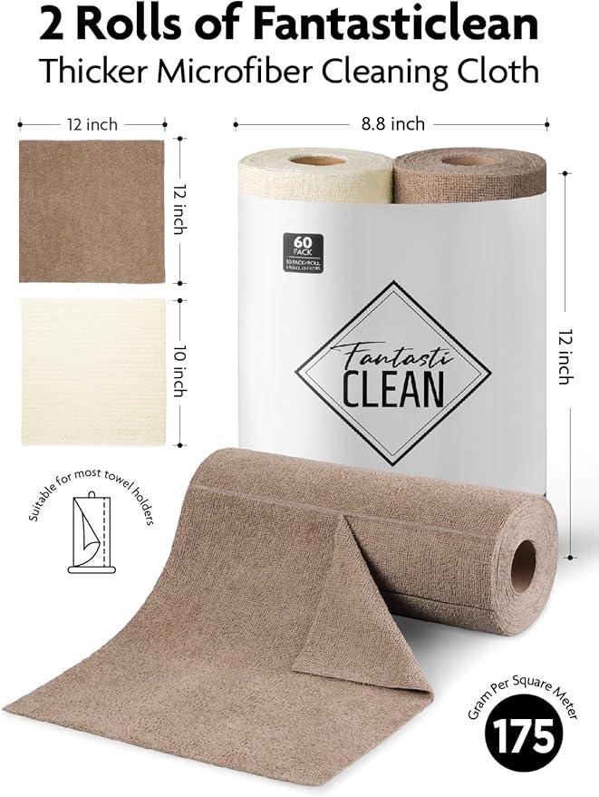 Fantasticlean Microfiber Cleaning Cloth Roll -60 Pack, Tear Away Microfiber Towels, 12