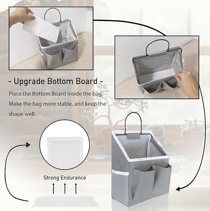 3pcs Small Wall Hanging Organizer Bag, Linen Fabric Door Hanging Storage Basket with Pockets, Waterproof Bin for Kitchen, Bedroom, Office, RV Camper (Gray)